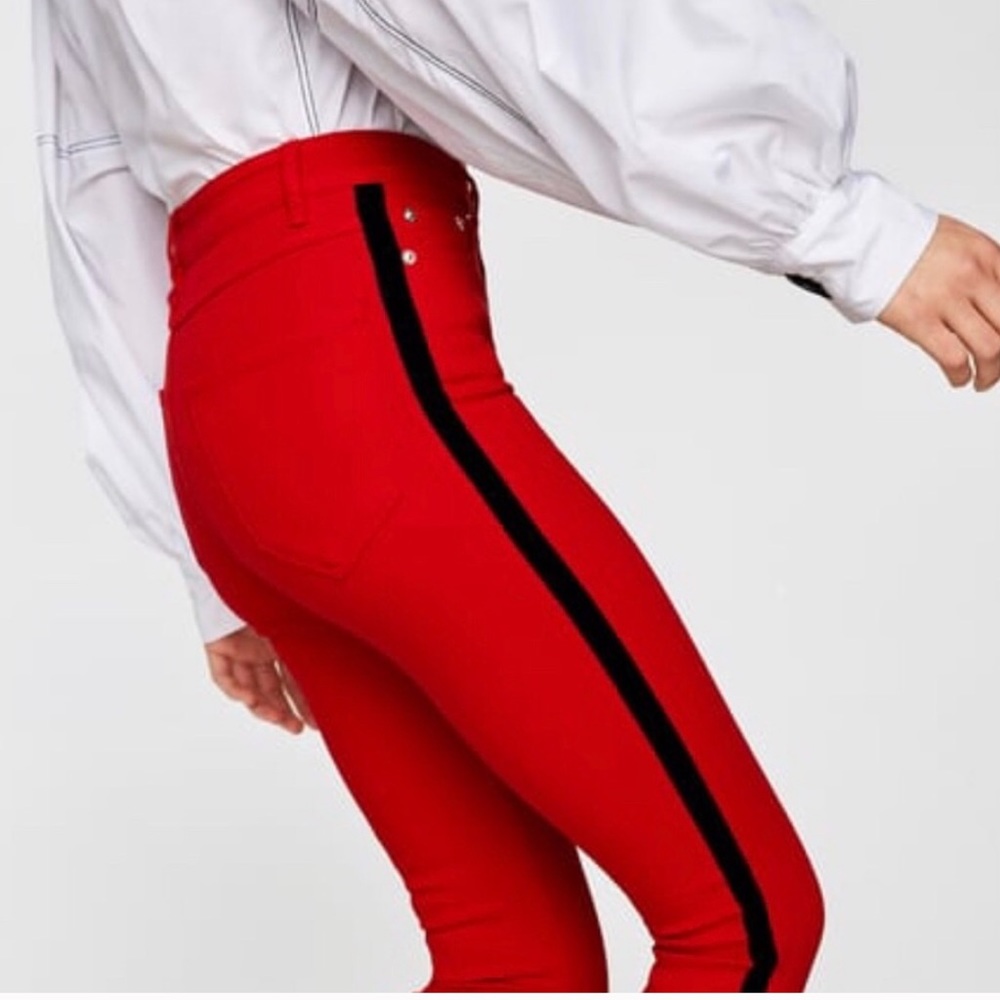 Zara High Waist Jeans Red with Black stripe 4